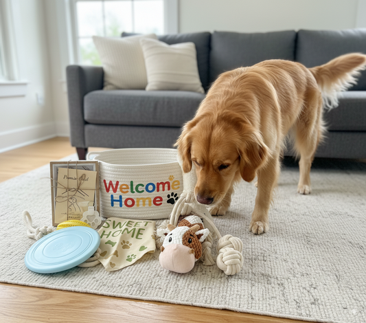 Nopikku “Welcome Home” Dog Gift Box – Puppy Starter Kit with Toys, Bandana, Keepsakes & Treat Ball