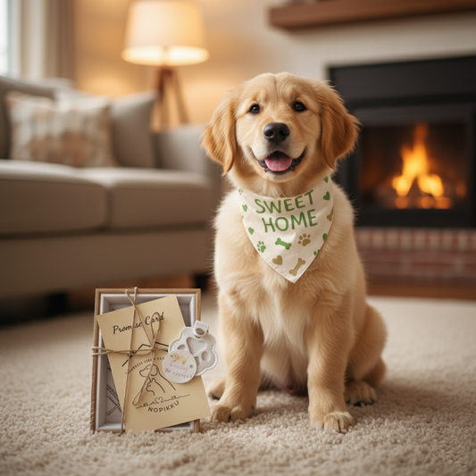 Nopikku Sweet Home Pet Welcome Gift Box – Keepsake Set for New Dog Owners with Bandana, Paw Print Name Tag, Promise Card & Photo Frame