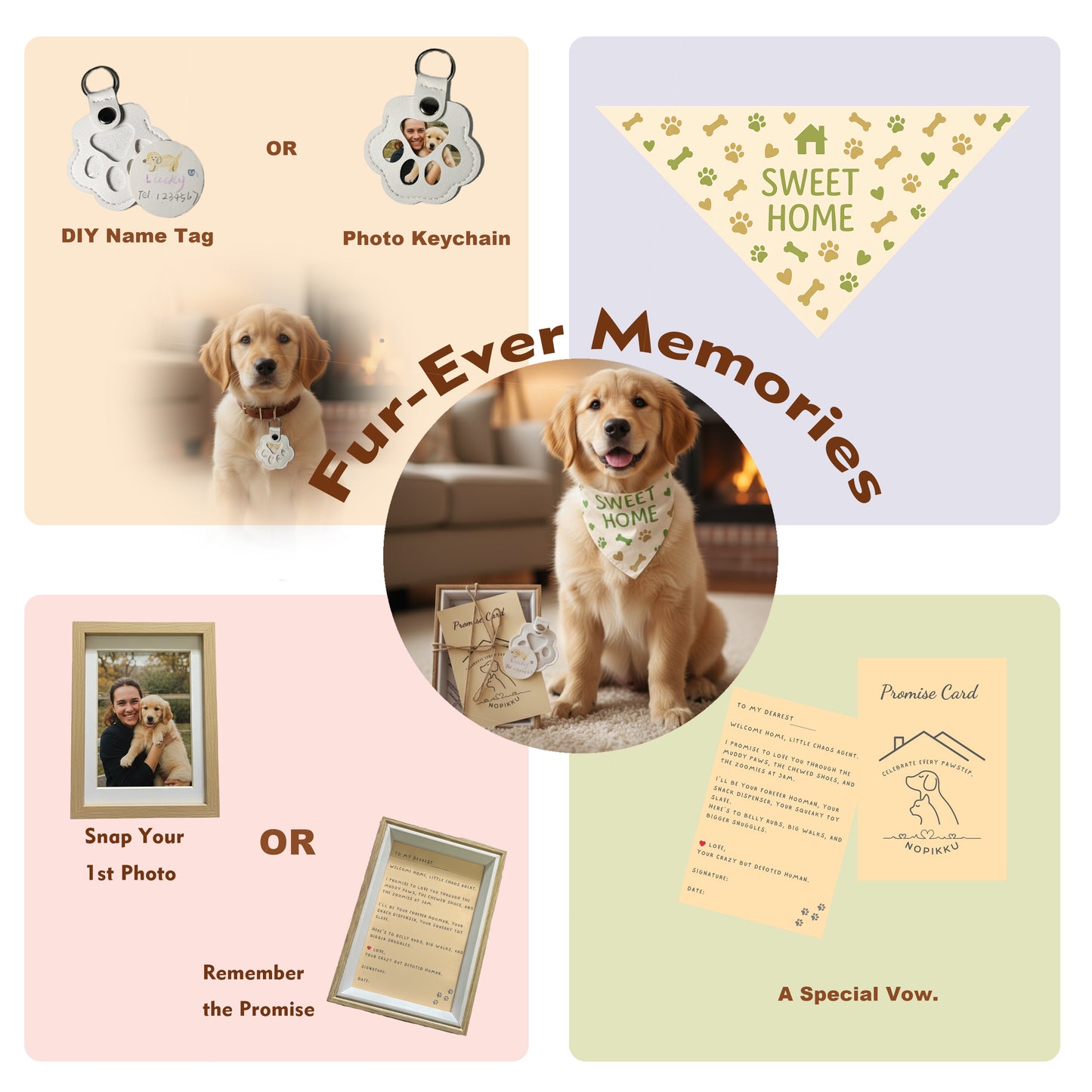 Nopikku Sweet Home Pet Welcome Gift Box – Keepsake Set for New Dog Owners with Bandana, Paw Print Name Tag, Promise Card & Photo Frame