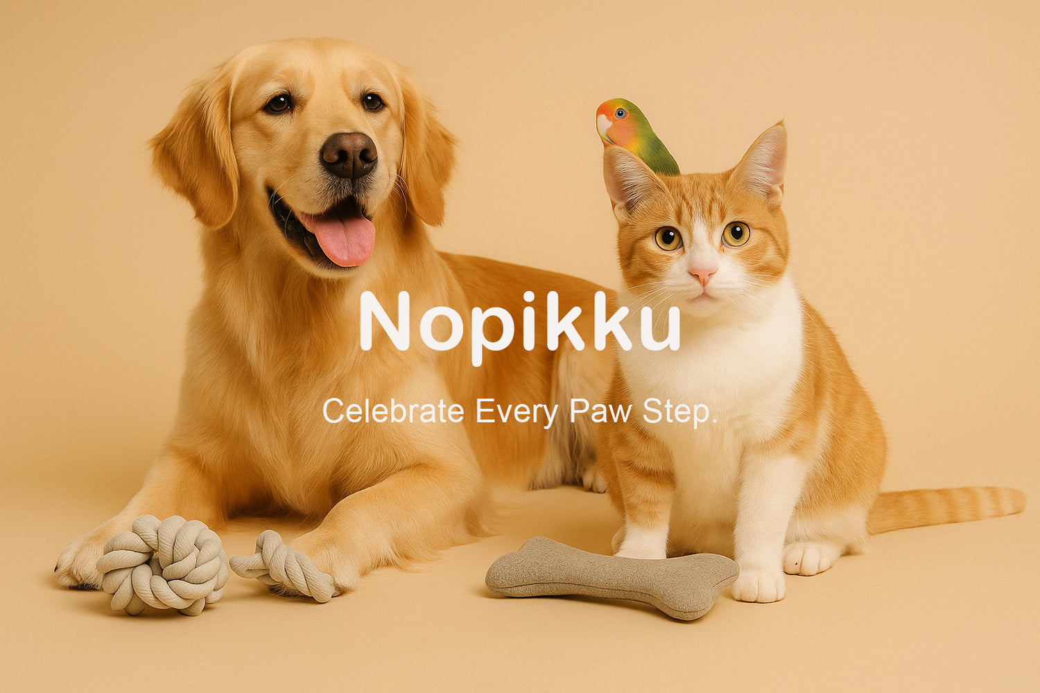 Dog and cat with toys on a beige background, featuring the Nopikku brand.