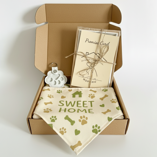 Nopikku Sweet Home Pet Welcome Gift Box – Keepsake Set for New Dog Owners with Bandana, Paw Print Name Tag, Promise Card & Photo Frame